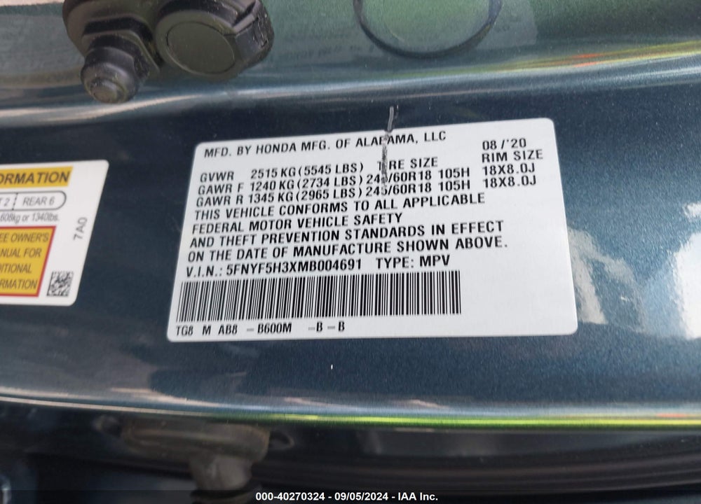 2021 HONDA PILOT 2WD EX VIN: 5FNYF5H3XMB004691