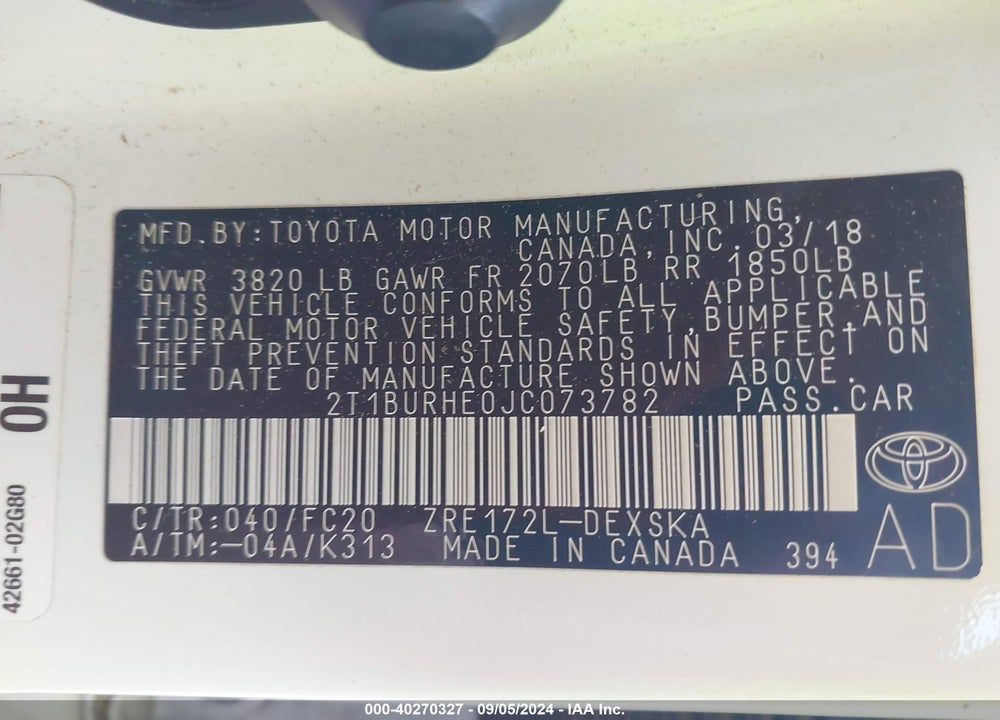 2018 TOYOTA COROLLA SE VIN: 2T1BURHE0JC073782