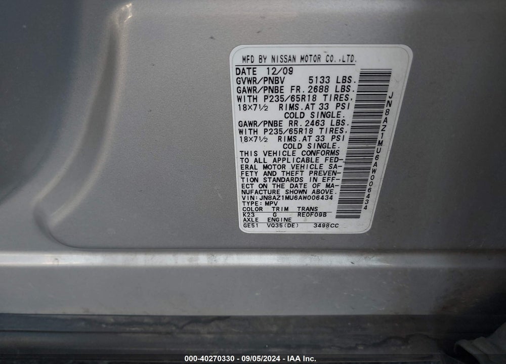 2010 NISSAN MURANO S VIN: JN8AZ1MU6AW006434