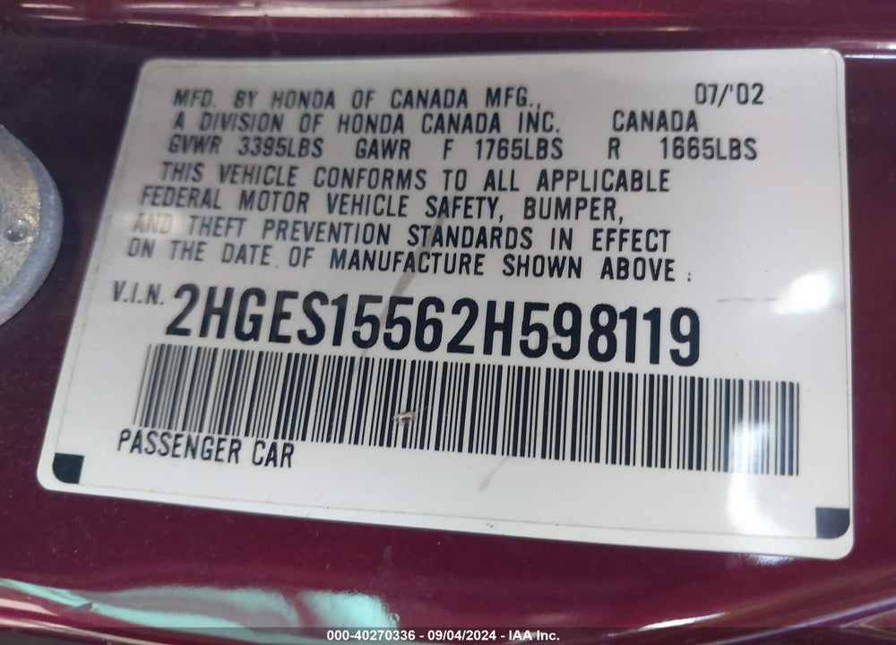 2002 HONDA CIVIC LX VIN: 2HGES15562H598119