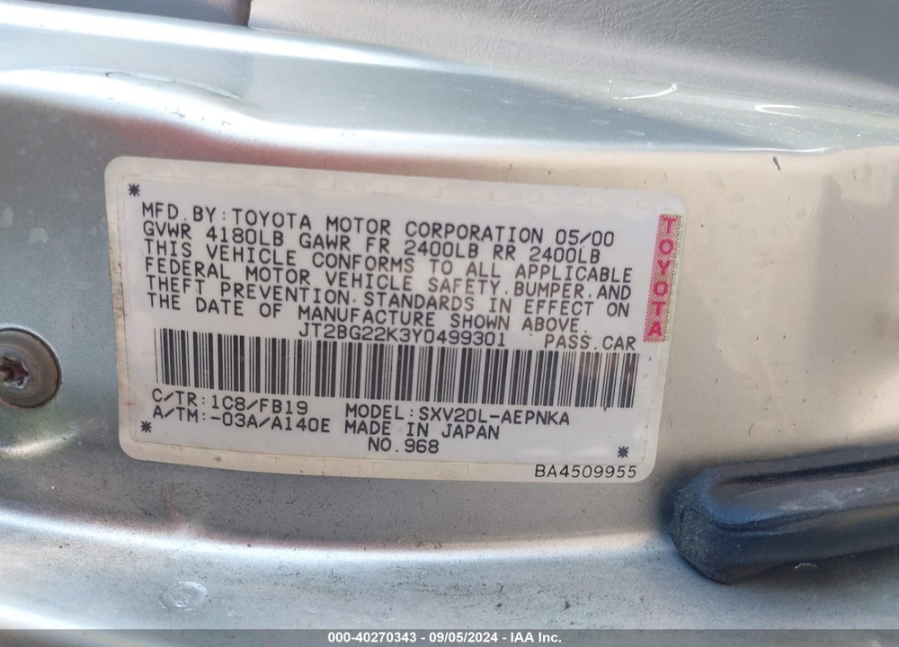 2000 TOYOTA CAMRY LE VIN: JT2BG22K3Y0499301
