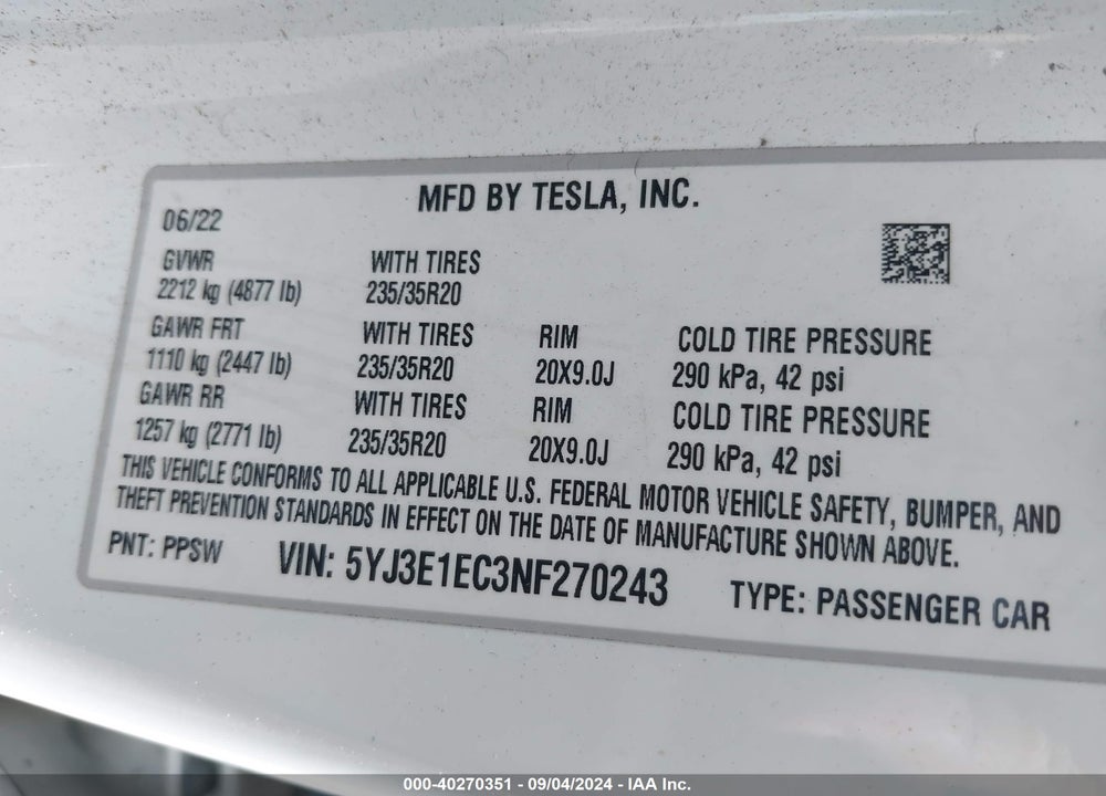 2022 TESLA MODEL 3 PERFORMANCE DUAL MOTOR ALL-WHEEL DRIVE VIN: 5YJ3E1EC3NF270243