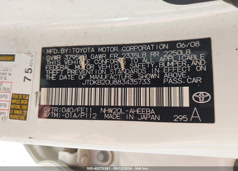 2008 TOYOTA PRIUS VIN: JTDKB20U883435733