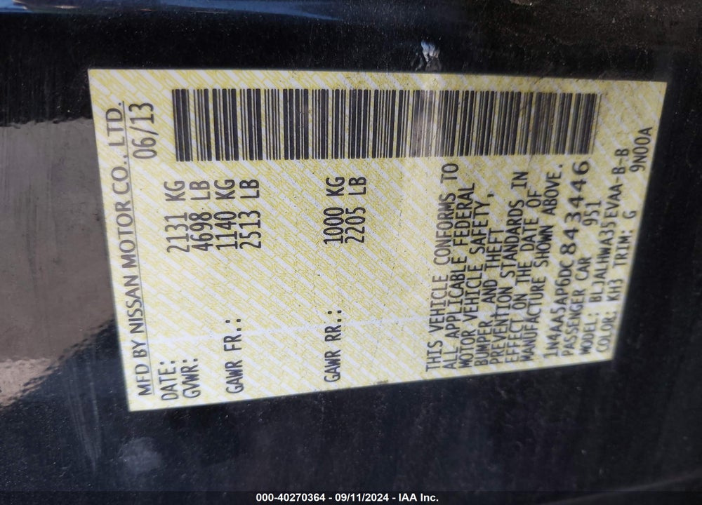 2013 NISSAN MAXIMA 3.5 SV VIN: 1N4AA5AP6DC843446