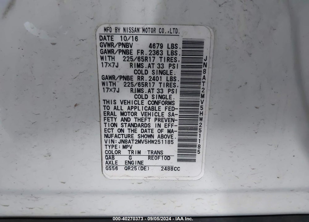 2017 NISSAN ROGUE SV VIN: JN8AT2MV5HW251185