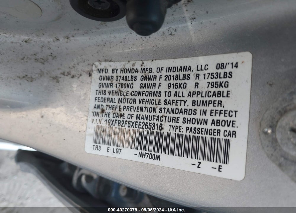 2014 HONDA CIVIC LX VIN: 19XFB2F5XEE265316