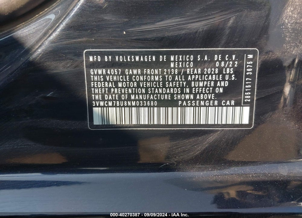 2022 VOLKSWAGEN JETTA 1.5T S VIN: 3VWCM7BU8NM033680