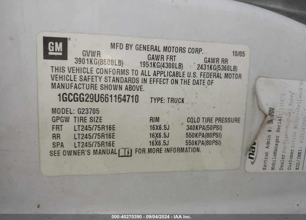 2006 CHEVROLET EXPRESS WORK VAN VIN: 1GCGG29U661164710