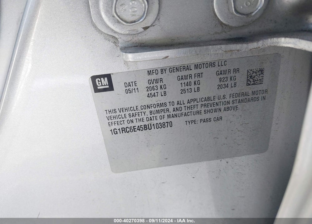2011 CHEVROLET VOLT VIN: 1G1RC6E45BU103870