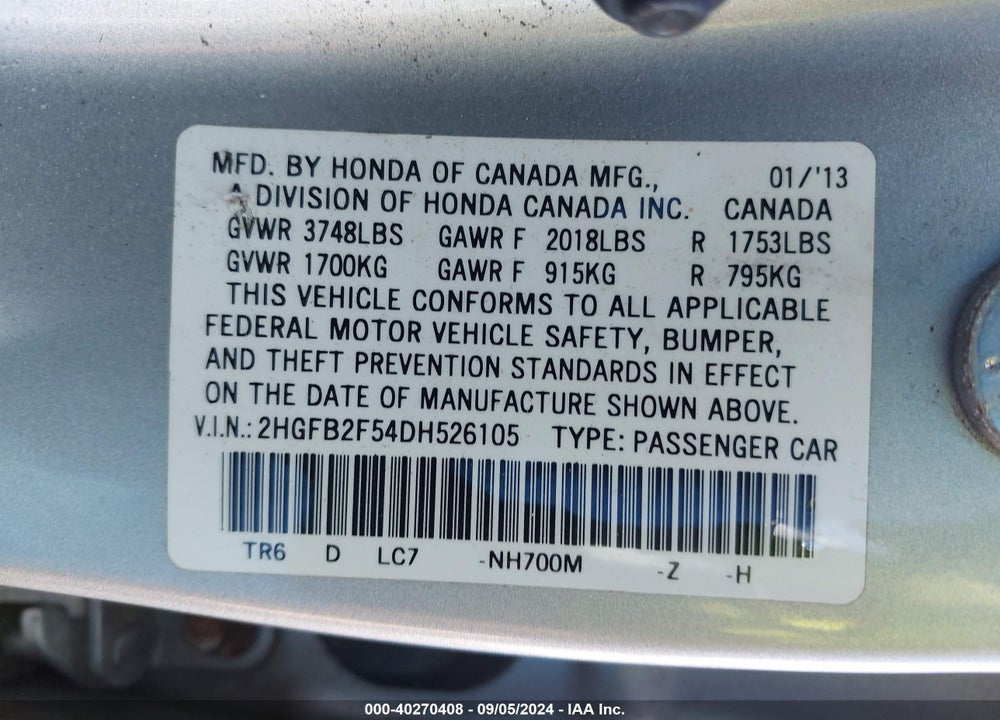 2013 HONDA CIVIC LX VIN: 2HGFB2F54DH526105