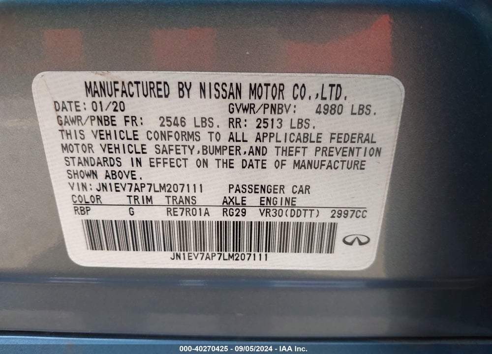 2020 INFINITI Q50 LUXE VIN: JN1EV7AP7LM207111