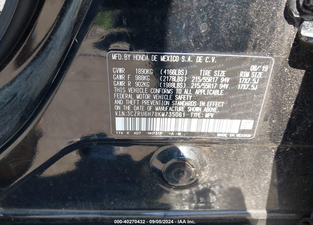 2019 HONDA HR-V EX-L VIN: 3CZRU6H78KM735061