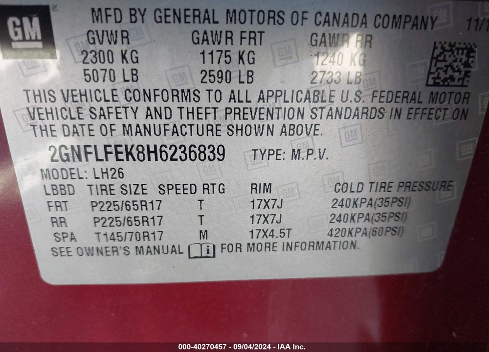 2017 CHEVROLET EQUINOX VIN: 2GNFLFEK8H6236839
