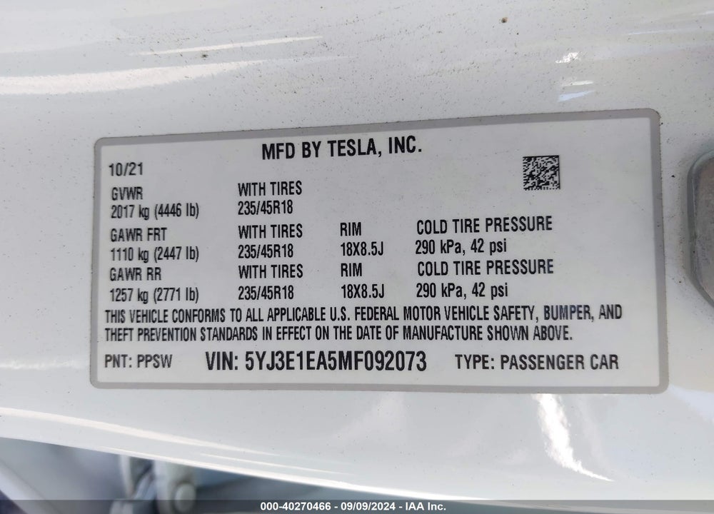 2021 TESLA MODEL 3 STANDARD RANGE PLUS REAR-WHEEL DRIVE VIN: 5YJ3E1EA5MF092073
