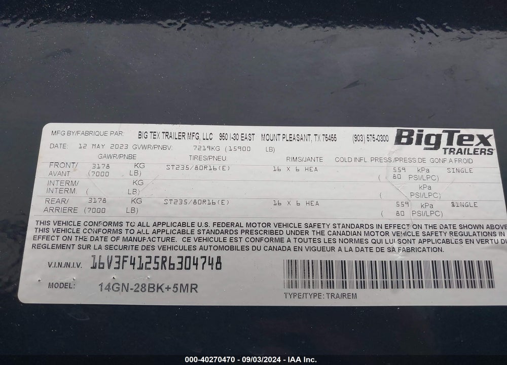 2024 BIG TEX TRAILER CO INC --- VIN: 16V3F4125R6304748