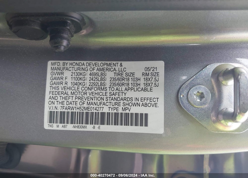 2021 HONDA CR-V 2WD EX VIN: 7FARW1H52ME014277