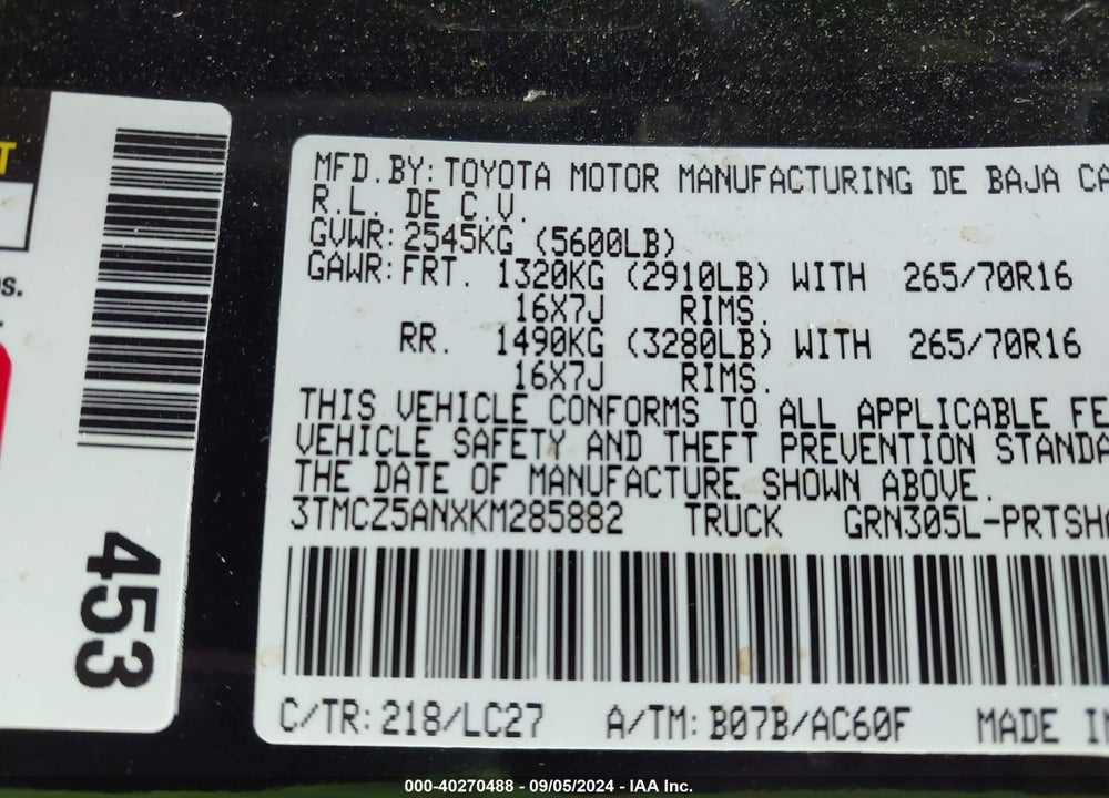 2019 TOYOTA TACOMA TRD OFF ROAD VIN: 3TMCZ5ANXKM285882