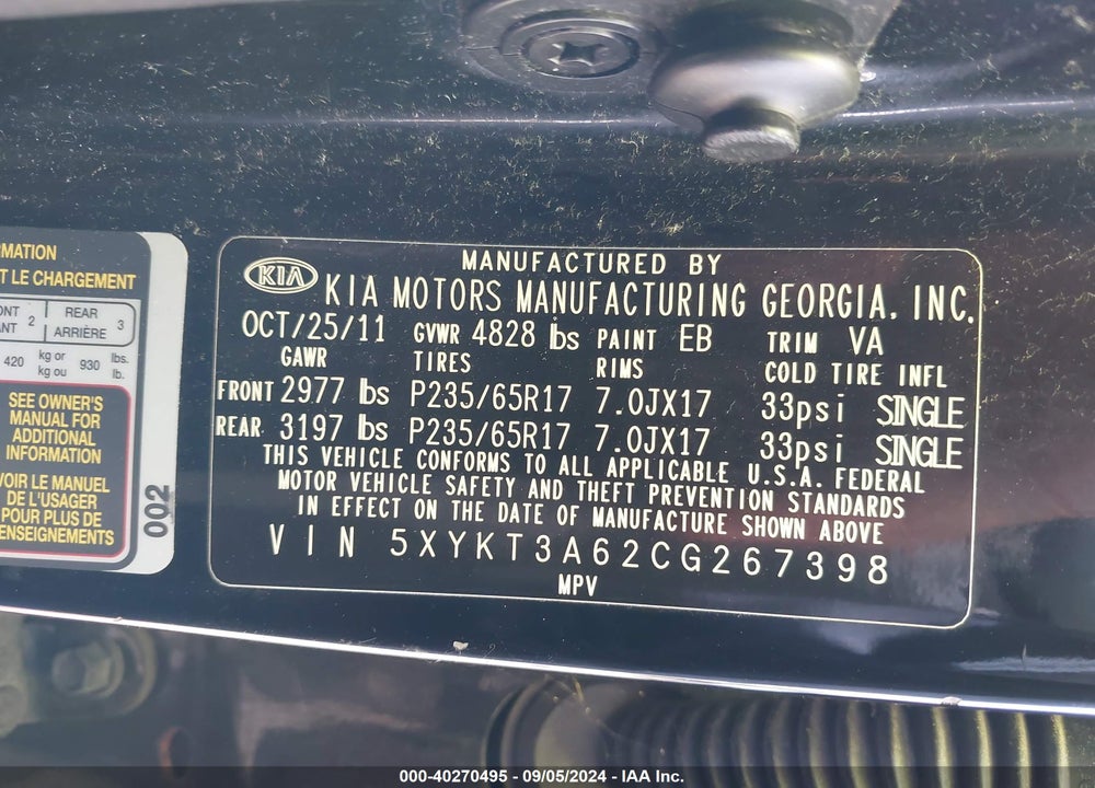 2012 KIA SORENTO VIN: 5XYKT3A62CG267398