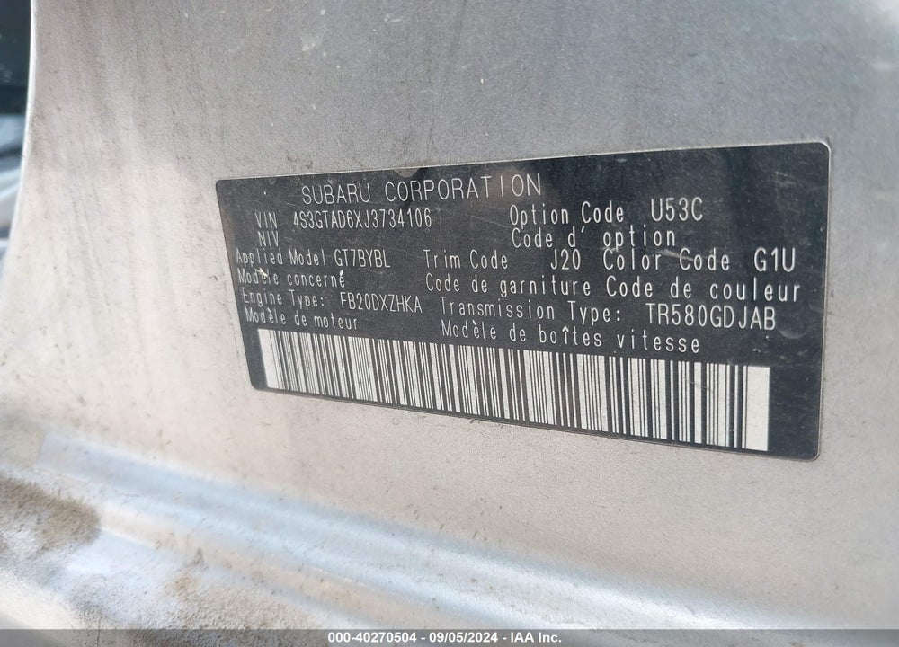 2018 SUBARU IMPREZA 2.0I PREMIUM VIN: 4S3GTAD6XJ3734106