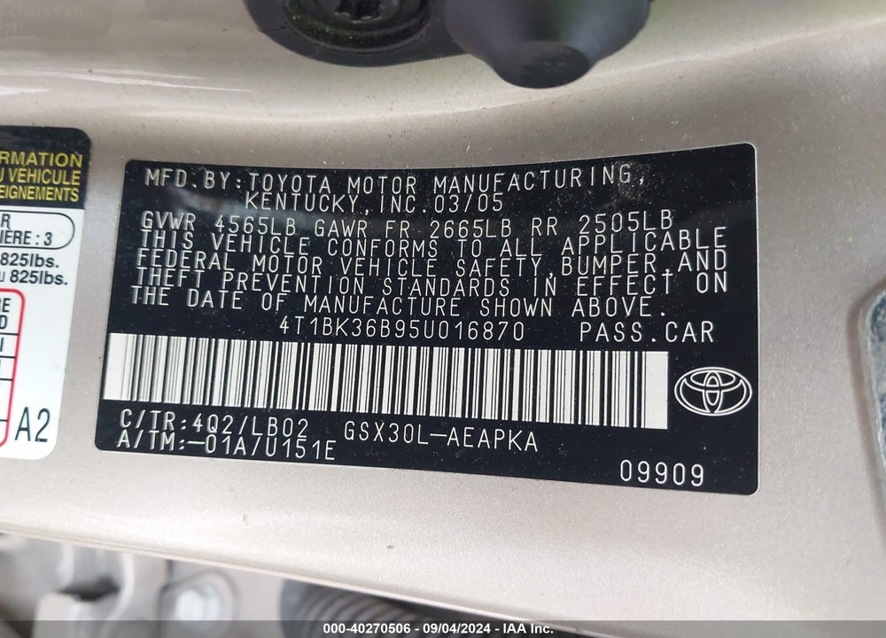 2005 TOYOTA AVALON LIMITED VIN: 4T1BK36B95U016870