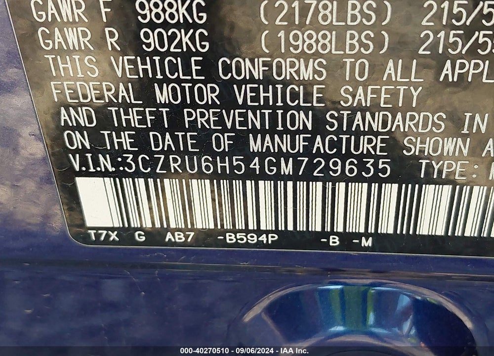 2016 HONDA HR-V EX VIN: 3CZRU6H54GM729635