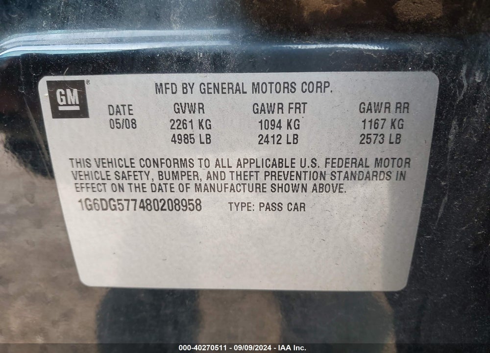 2008 CADILLAC CTS STANDARD VIN: 1G6DG577480208958