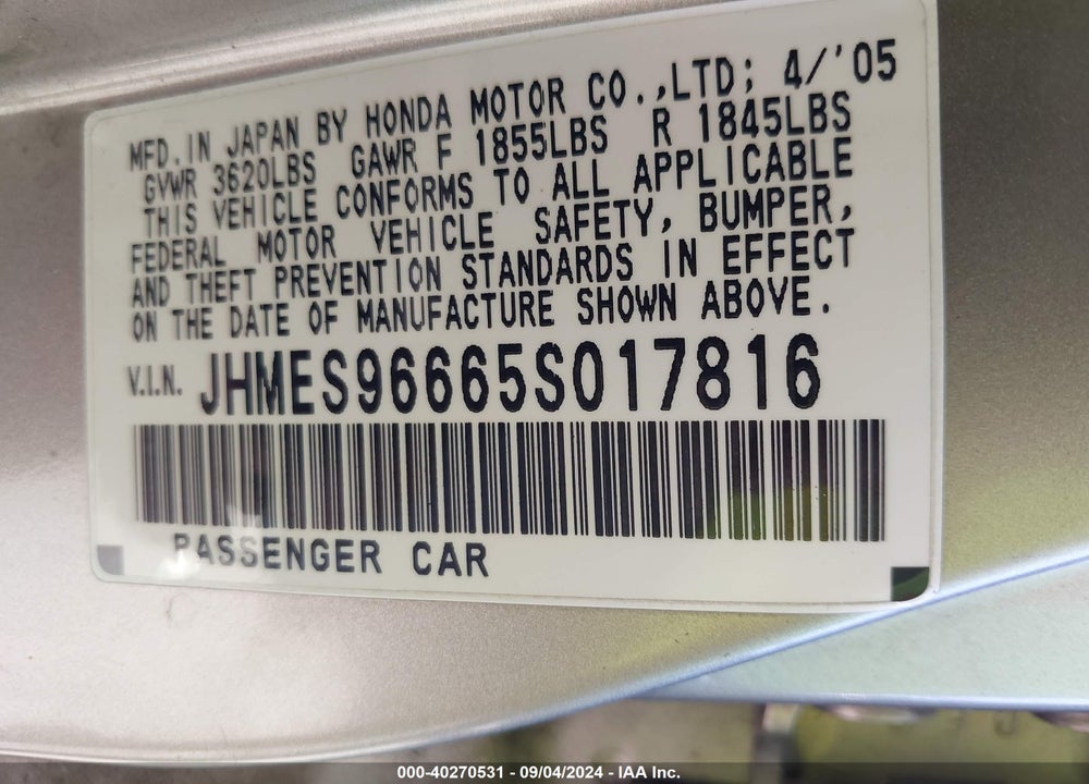 2005 HONDA CIVIC HYBRID VIN: JHMES96665S017816