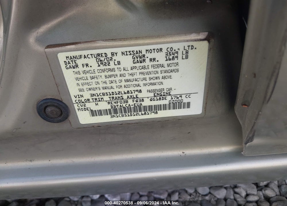 2002 NISSAN SENTRA XE VIN: 3N1CB51D12L681798