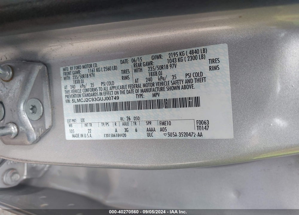 2016 LINCOLN MKC SELECT VIN: 5LMCJ2C93GUJ00749