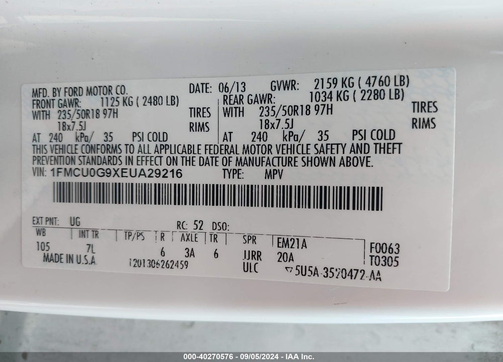 2014 FORD ESCAPE SE VIN: 1FMCU0G9XEUA29216