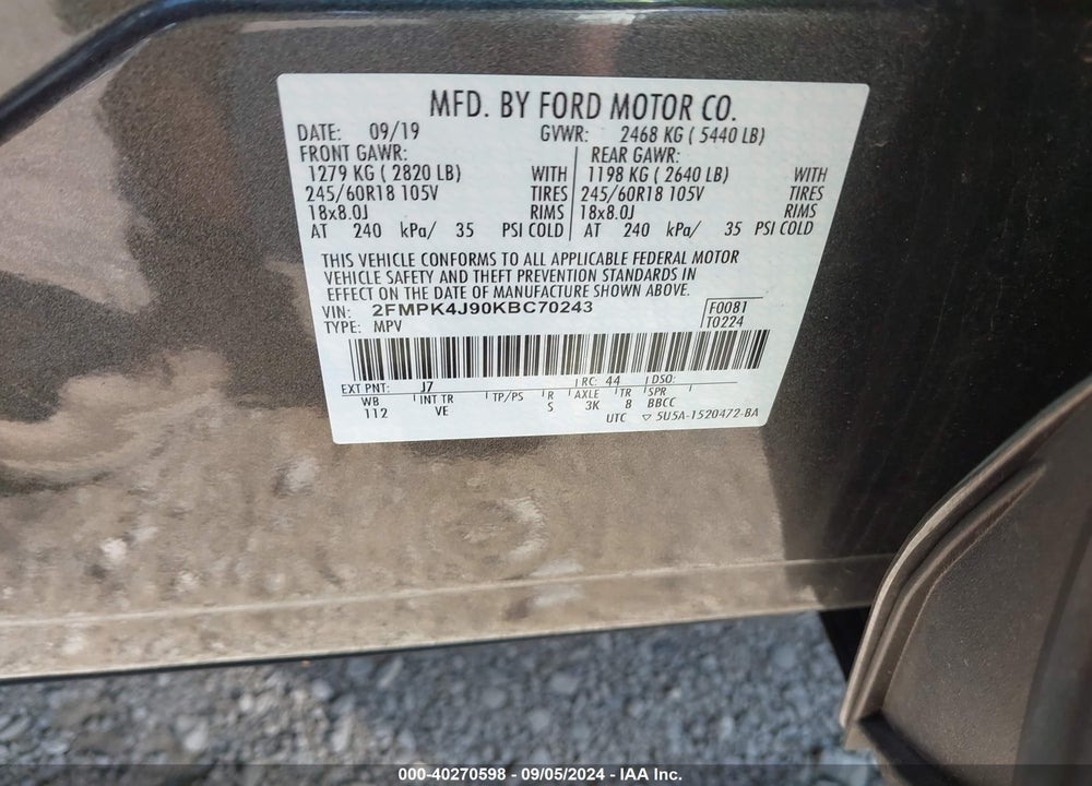 2019 FORD EDGE SEL VIN: 2FMPK4J90KBC70243