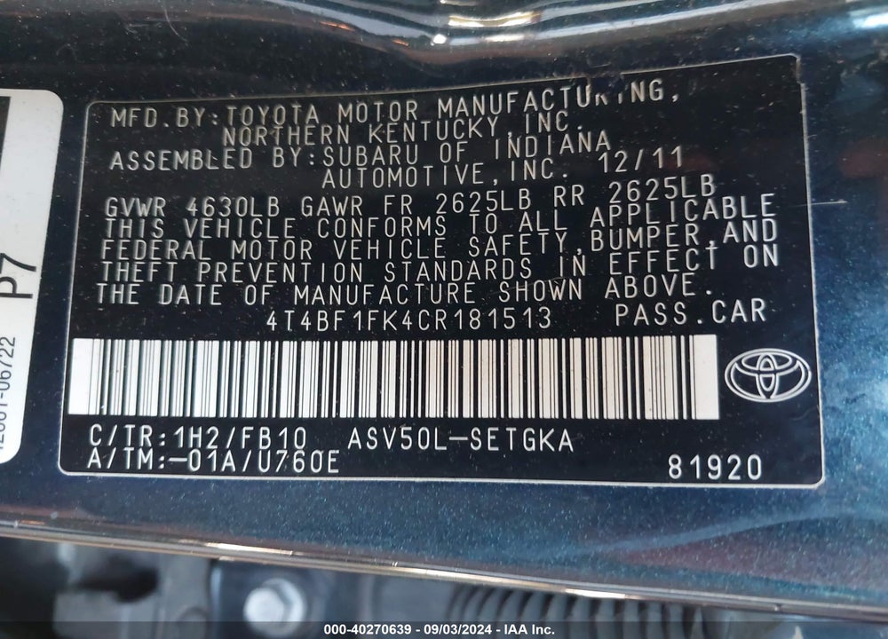 2012 TOYOTA CAMRY XLE VIN: 4T4BF1FK4CR181513