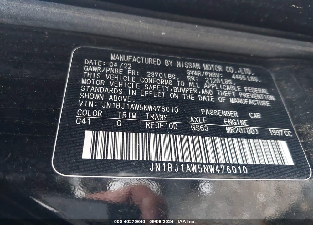 2022 NISSAN ROGUE SPORT VIN: JN1BJ1AW5NW476010