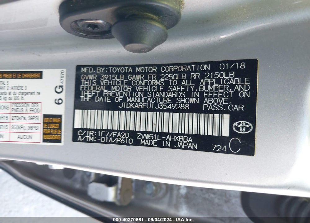 2018 TOYOTA PRIUS TWO ECO VIN: JTDKARFU1J3549288