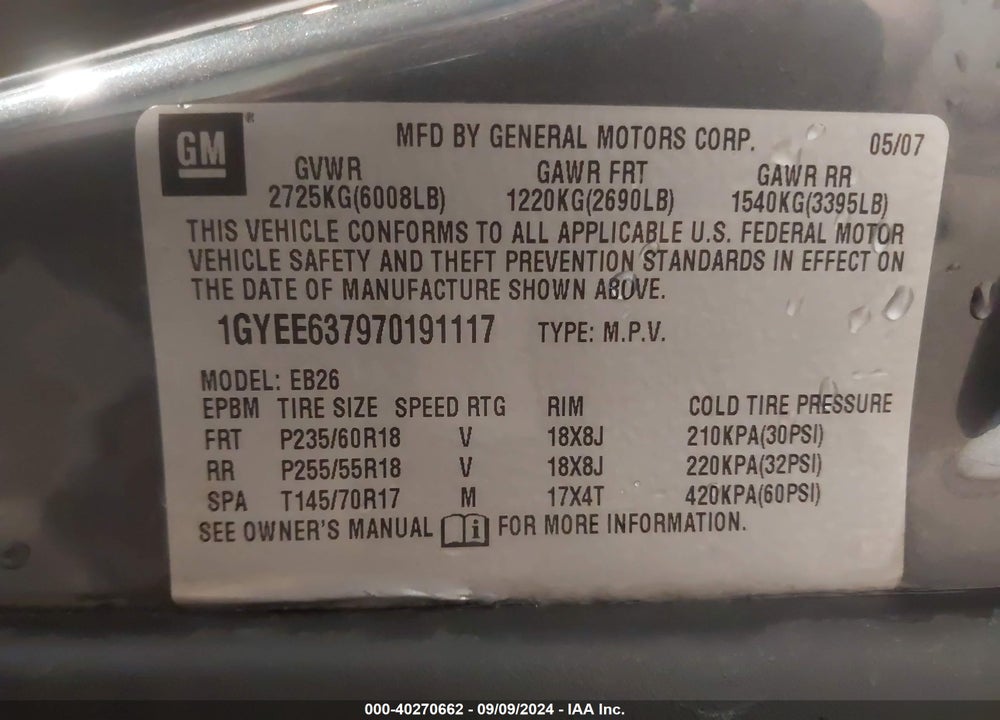 2007 CADILLAC SRX V6 VIN: 1GYEE637970191117