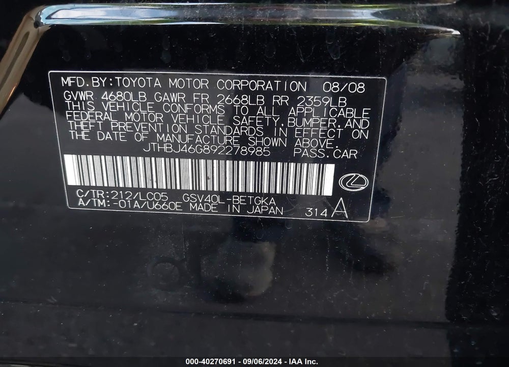 2009 LEXUS ES 350 VIN: JTHBJ46G892278985