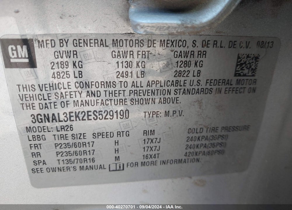 2014 CHEVROLET CAPTIVA SPORT LT VIN: 3GNAL3EK2ES529190