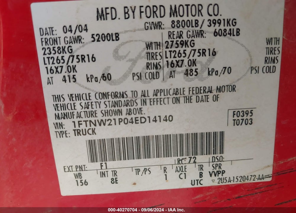 2004 FORD F-250 LARIAT/XL/XLT VIN: 1FTNW21P04ED14140