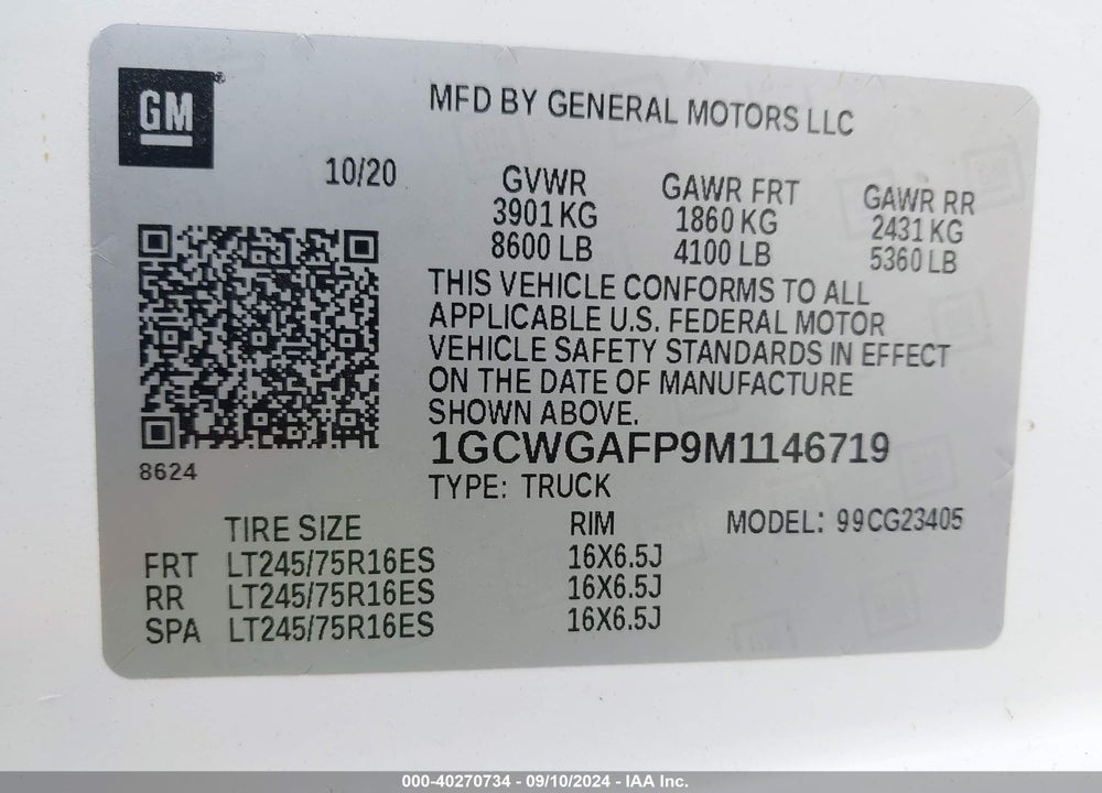 2021 CHEVROLET EXPRESS CARGO RWD 2500 REGULAR WHEELBASE WT VIN: 1GCWGAFP9M1146719