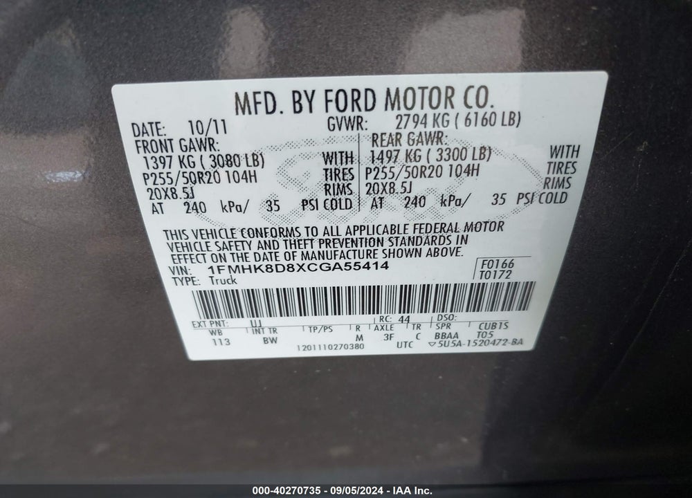 2012 FORD EXPLORER VIN: 1FMHK8D8XCGA55414