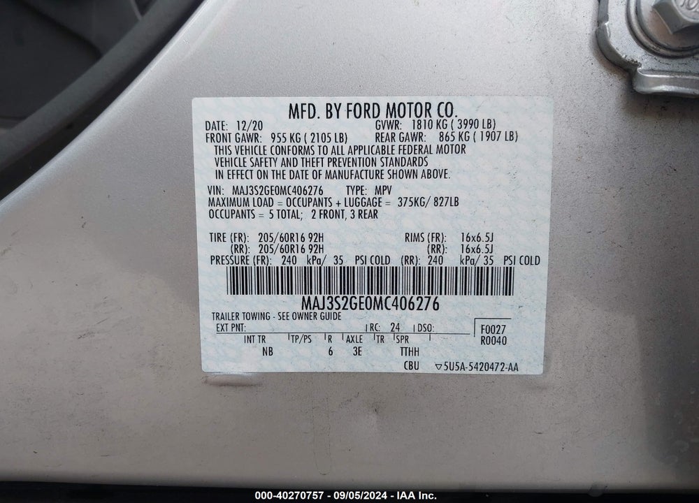 2021 FORD ECOSPORT SE VIN: MAJ3S2GE0MC406276