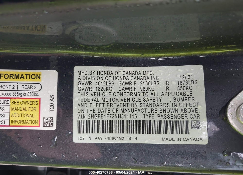 2022 HONDA CIVIC EX VIN: 2HGFE1F72NH311116