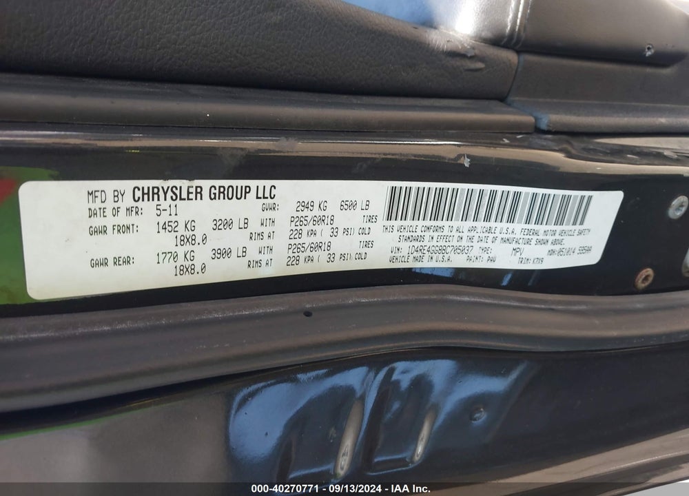 2011 DODGE DURANGO CREW VIN: 1D4RE4GG8BC705037