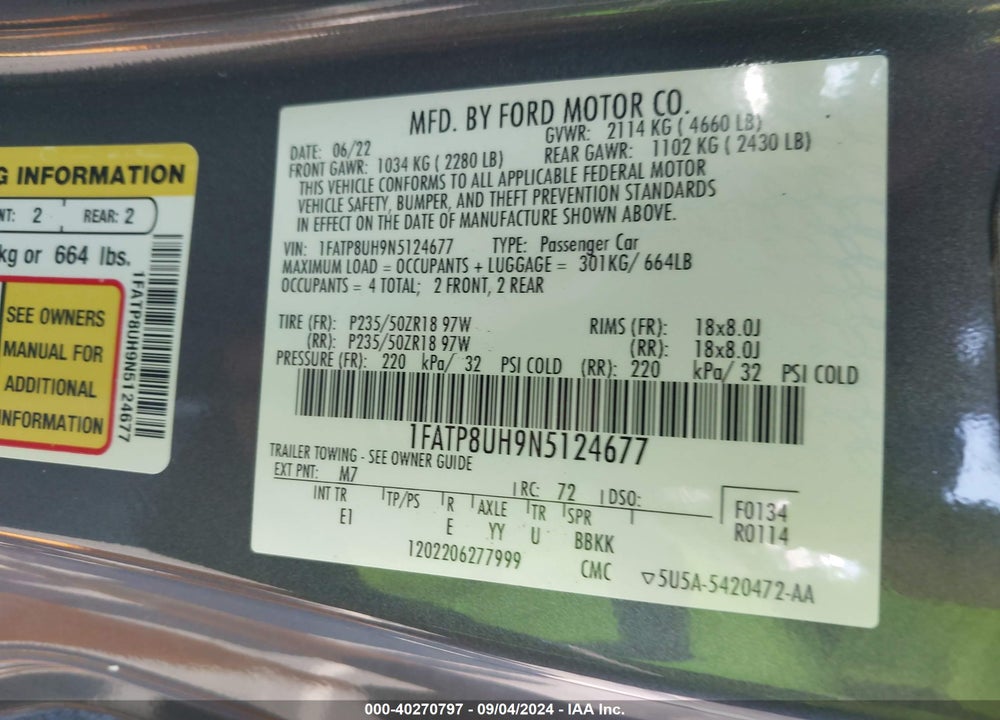 2022 FORD MUSTANG VIN: 1FATP8UH9N5124677