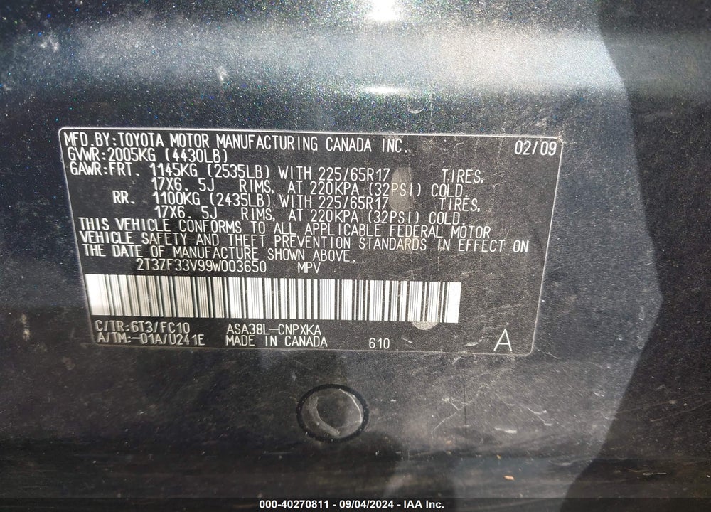 2009 TOYOTA RAV4 VIN: 2T3ZF33V99W003650
