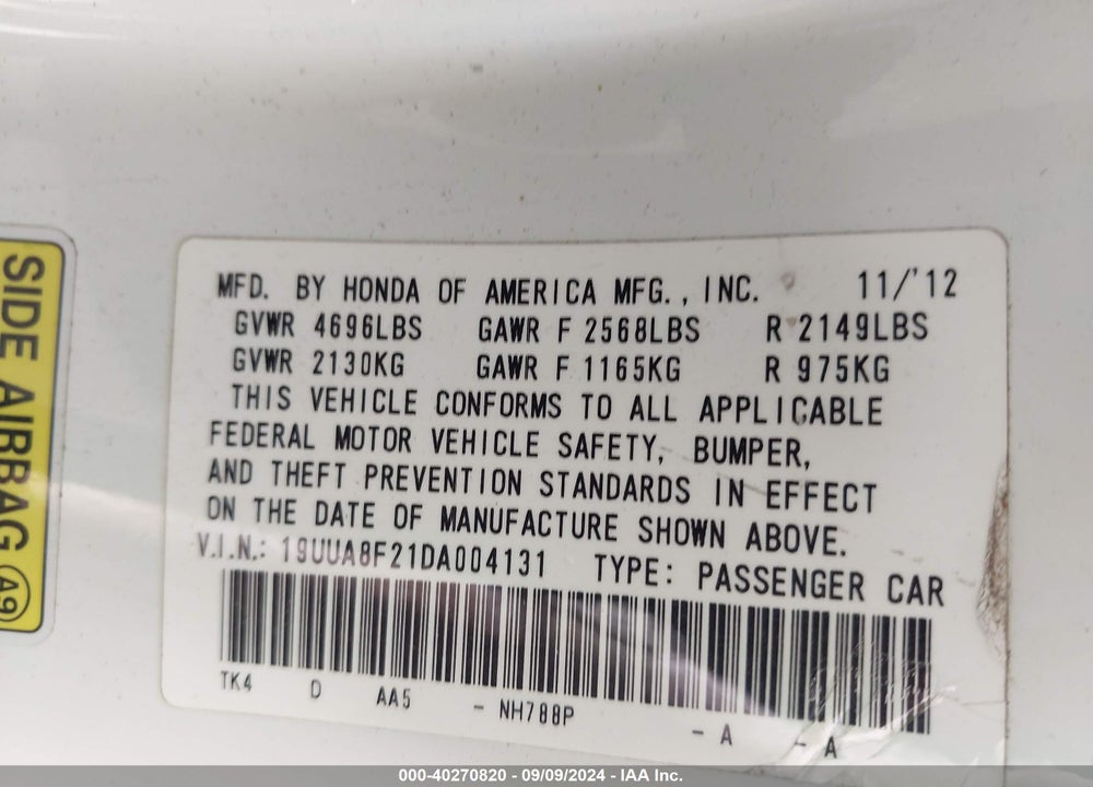 2013 ACURA TL 3.5 VIN: 19UUA8F21DA004131