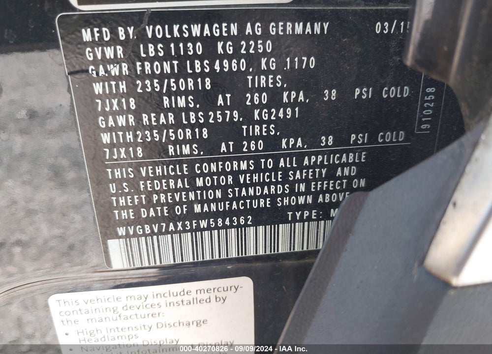 2015 VOLKSWAGEN TIGUAN SEL VIN: WVGBV7AX3FW584362