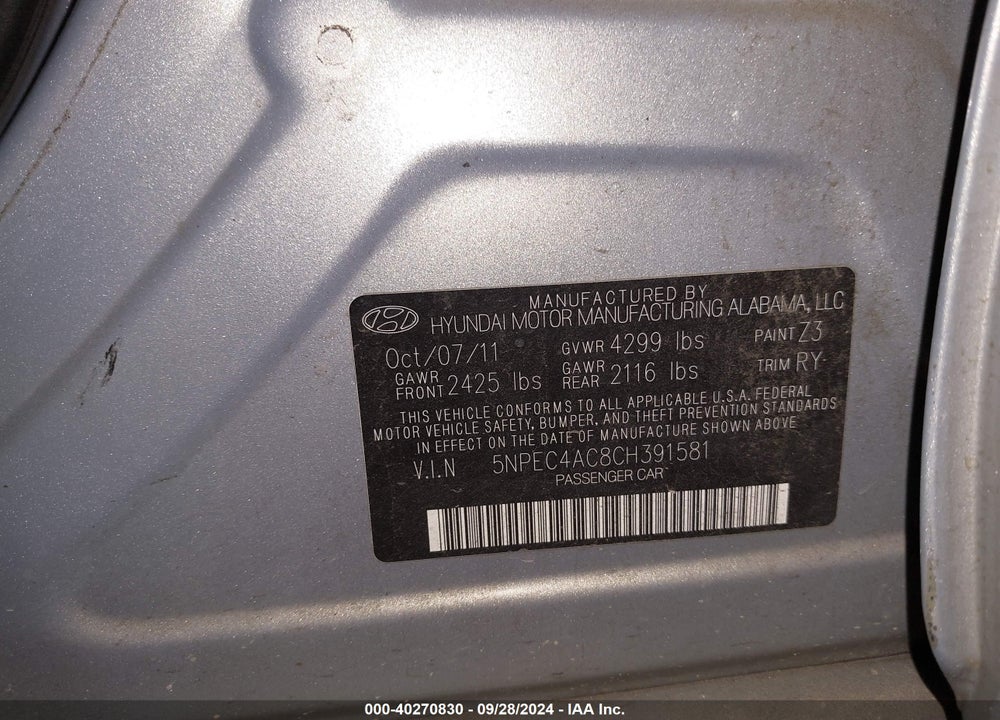 2012 HYUNDAI SONATA SE VIN: 5NPEC4AC8CH391581