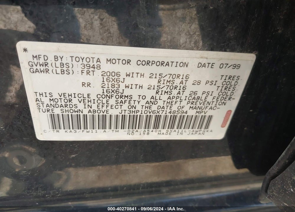 1999 TOYOTA RAV4 VIN: JT3HP10V6X7148594