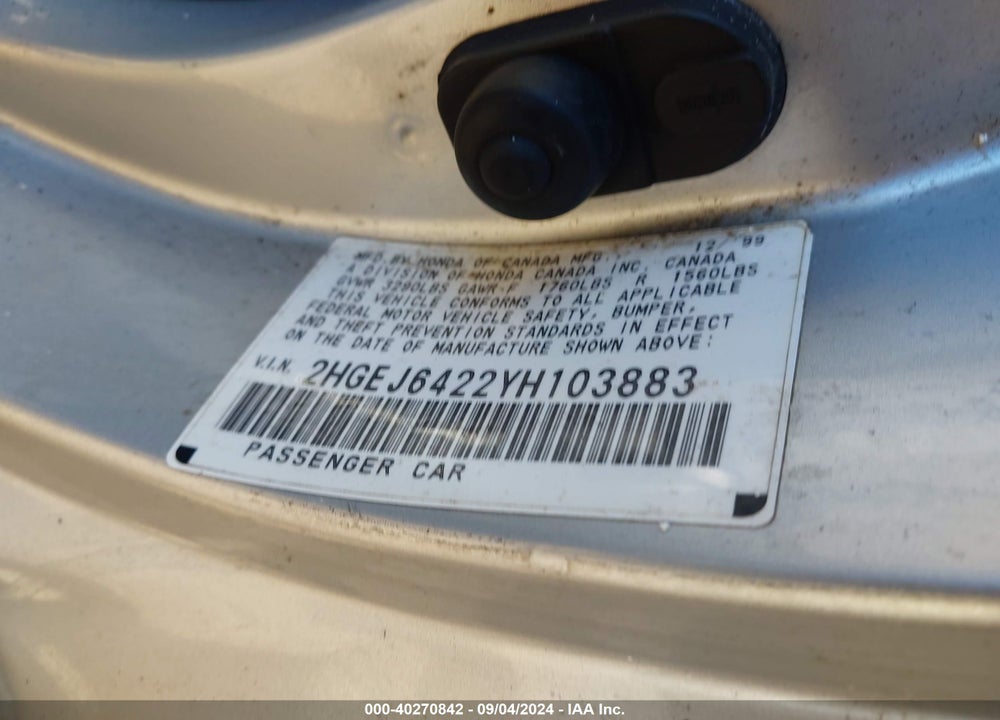 2000 HONDA CIVIC CX VIN: 2HGEJ6422YH103883
